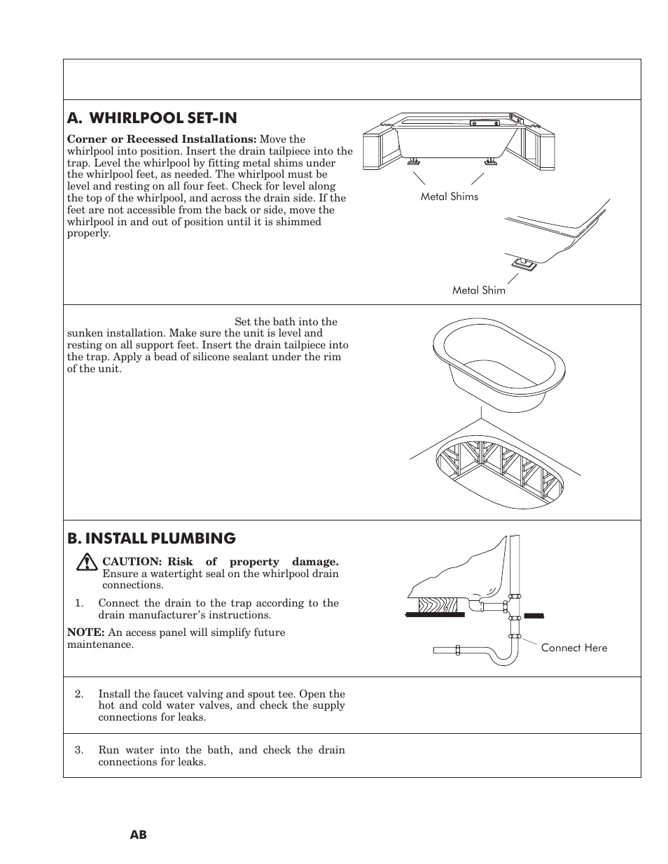 Install the bath a. whirlpool setćin, B. install plumbing | Kohler VINTAGE K-1172 User Manual | Page 7 / 8