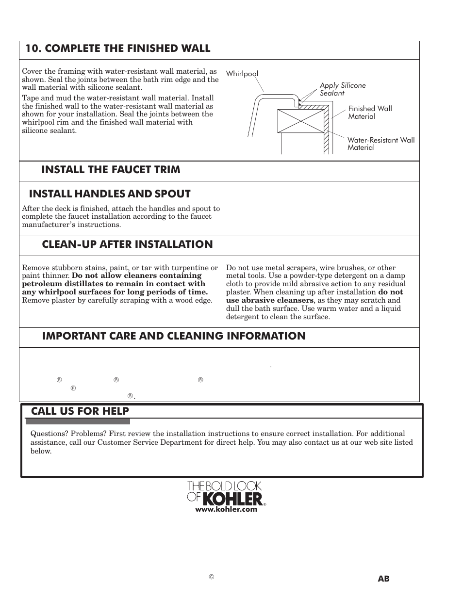 Complete the finished wall, Install the faucet trim install handles and spout, Cleanćup after installation | Important care and cleaning information, Call us for help | Kohler VINTAGE K-1172 User Manual | Page 8 / 8