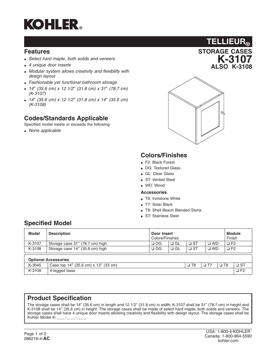 Kohler Tellieur K-3107 User Manual | 2 pages