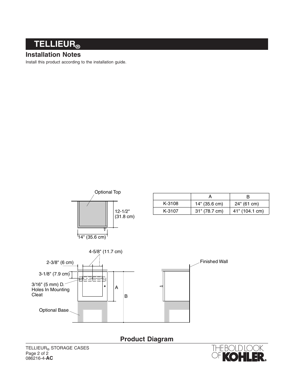 Tellieur, Product diagram | Kohler Tellieur K-3107 User Manual | Page 2 / 2