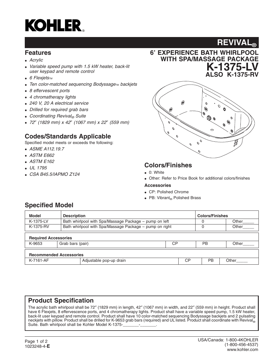 Kohler 6' Experience Bath Whirlpool K-1375-L User Manual | 2 pages