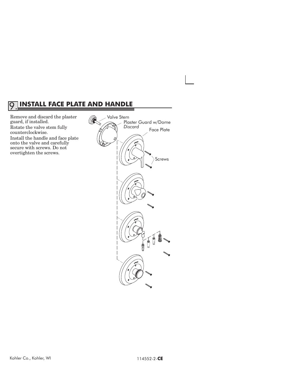 Install face plate and handle | Kohler Coralais rite-temp bath and shower faucet 114522-2-CE User Manual | Page 11 / 12