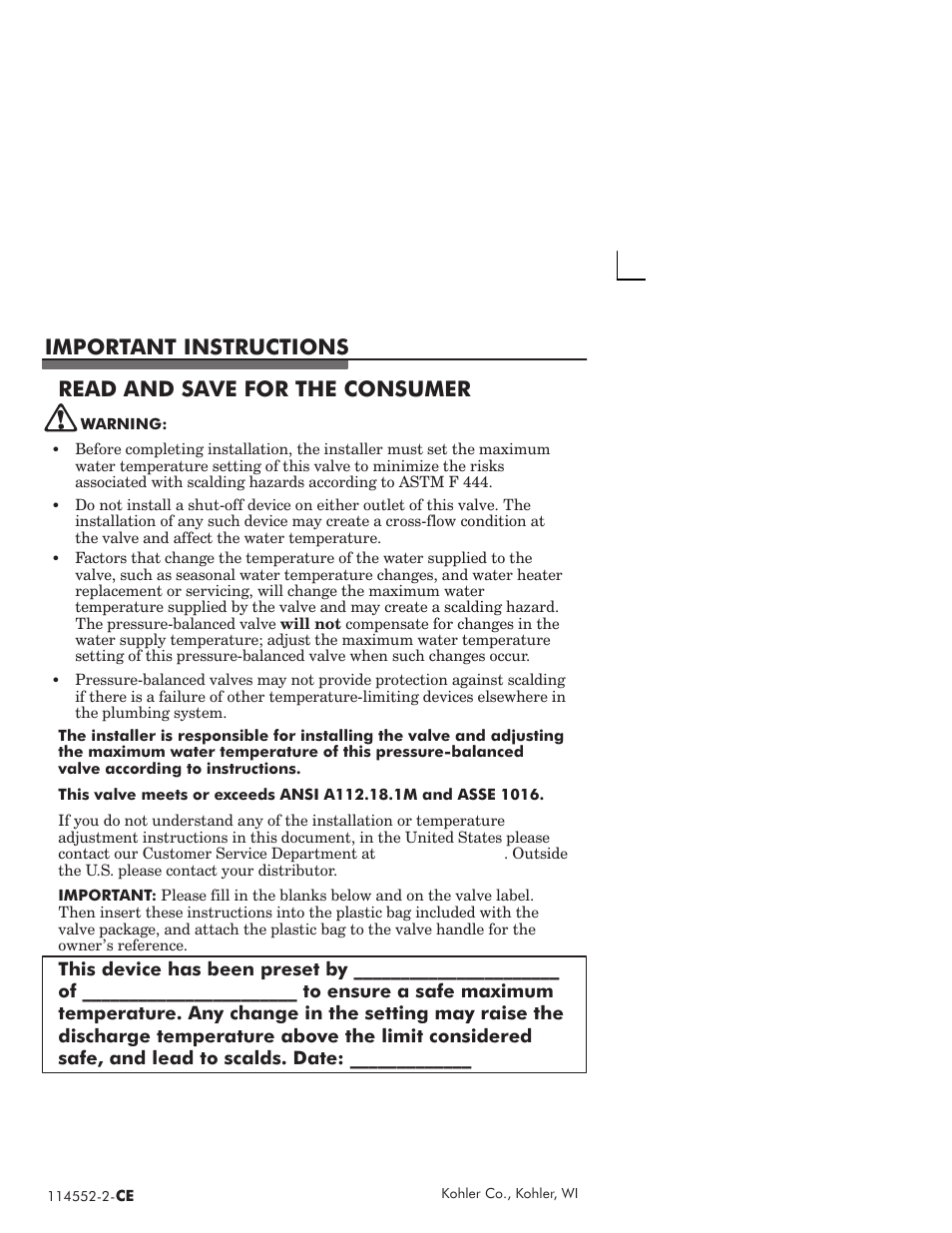 Kohler Coralais rite-temp bath and shower faucet 114522-2-CE User Manual | Page 2 / 12