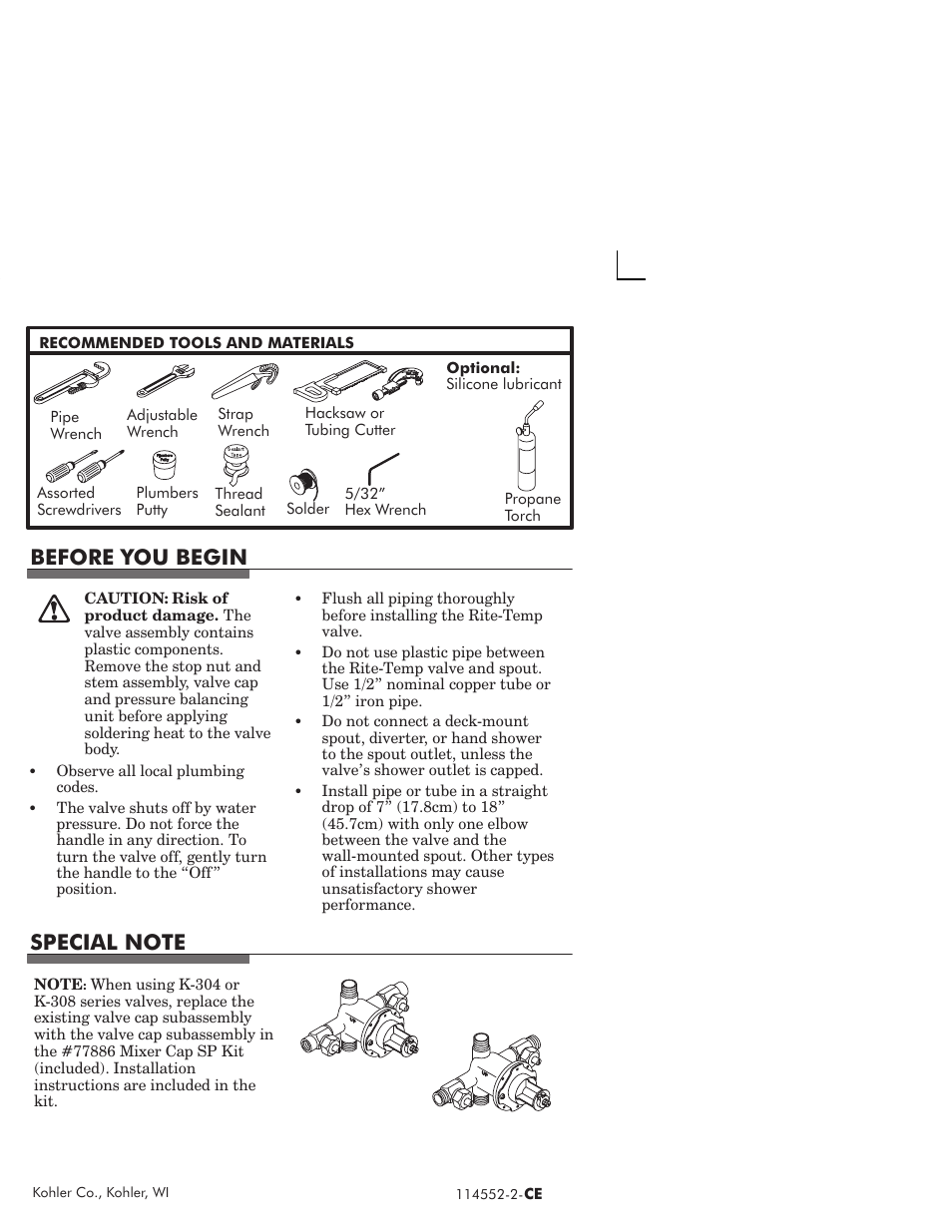Before you begin | Kohler Coralais rite-temp bath and shower faucet 114522-2-CE User Manual | Page 3 / 12