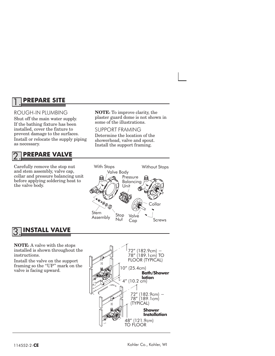 Prepare site, Prepare valve, Install valve | Kohler Coralais rite-temp bath and shower faucet 114522-2-CE User Manual | Page 4 / 12