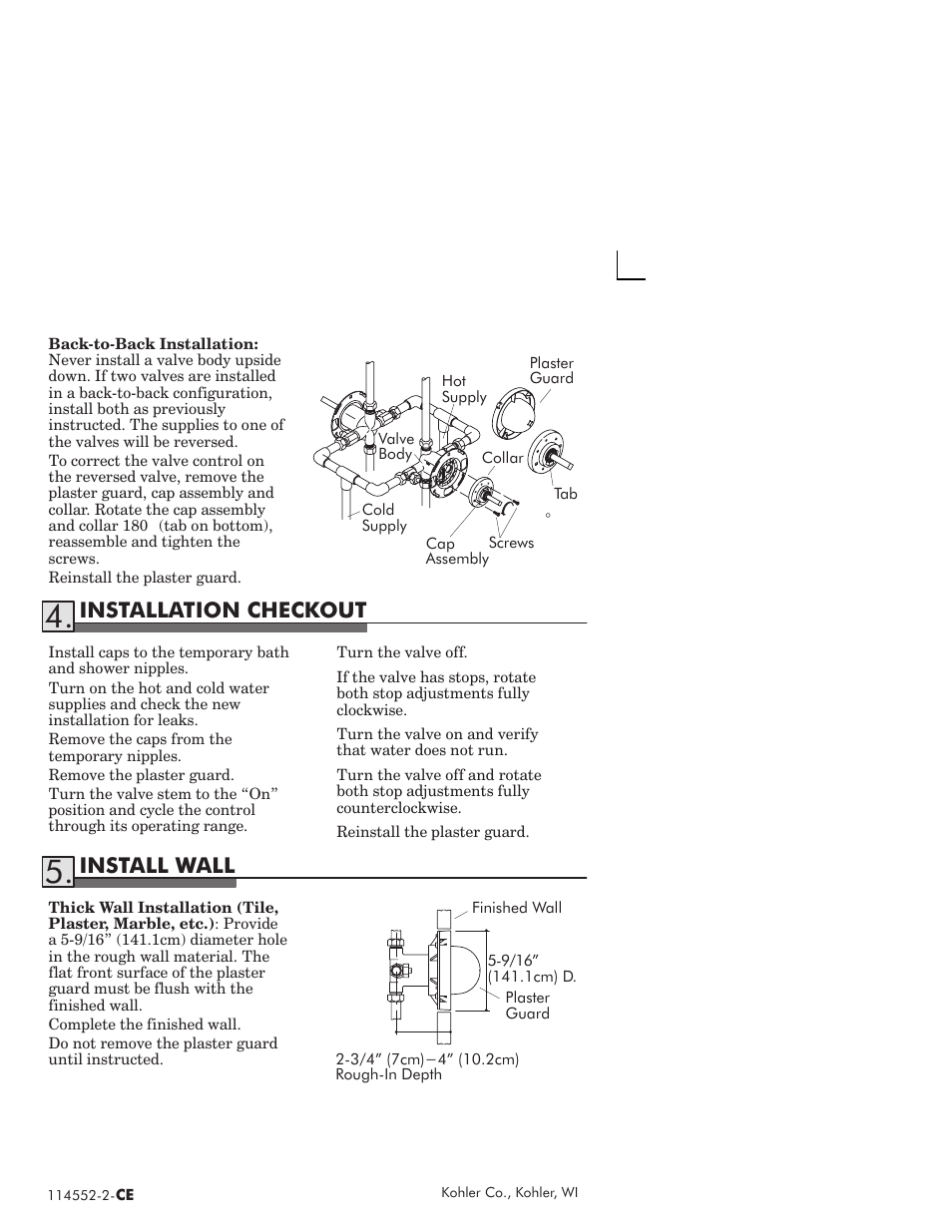 Installation checkout, Install wall | Kohler Coralais rite-temp bath and shower faucet 114522-2-CE User Manual | Page 6 / 12