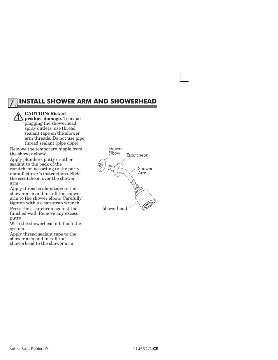 Install shower arm and showerhead | Kohler Coralais rite-temp bath and shower faucet 114522-2-CE User Manual | Page 9 / 12