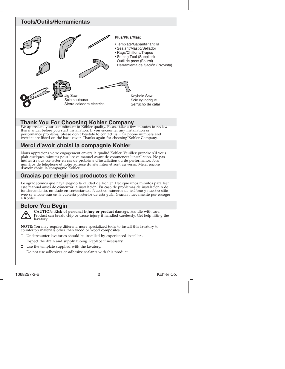 Merci d’avoir choisi la compagnie kohler, Gracias por elegir los productos de kohler, Before you begin | Kohler K-2211 User Manual | Page 2 / 16