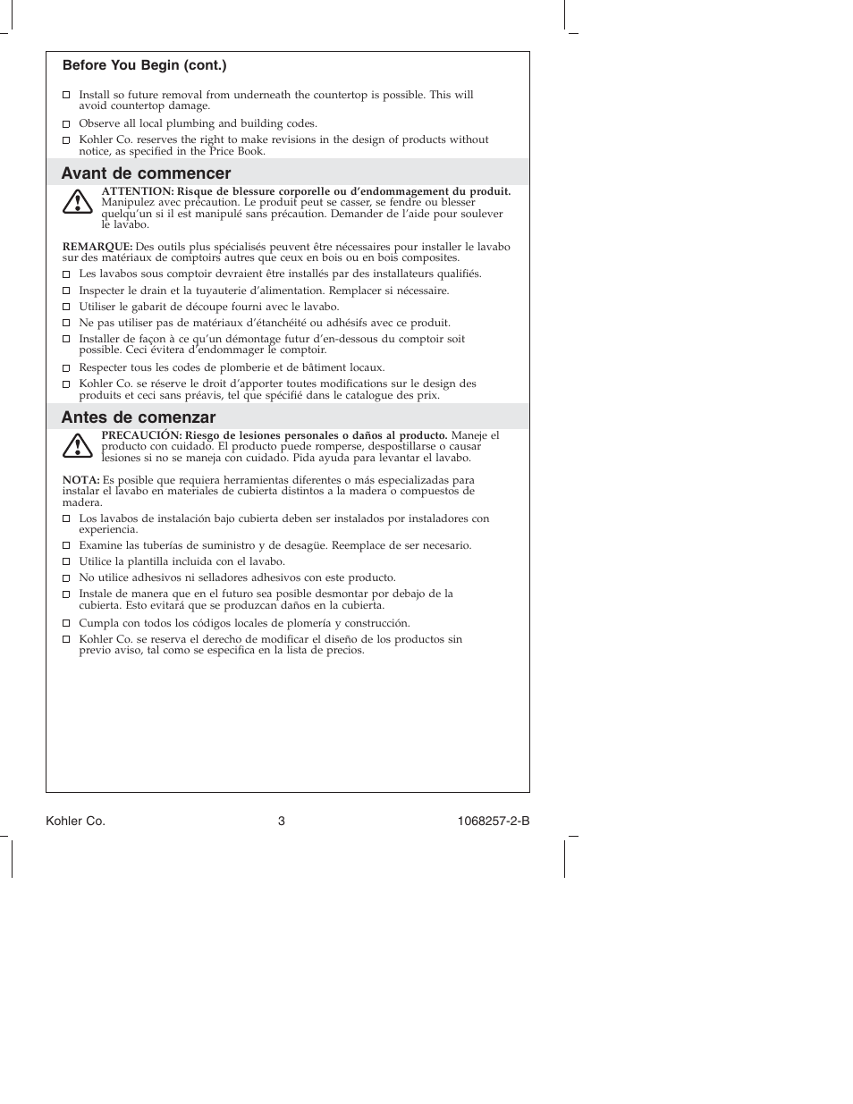 Avant de commencer, Antes de comenzar | Kohler K-2211 User Manual | Page 3 / 16