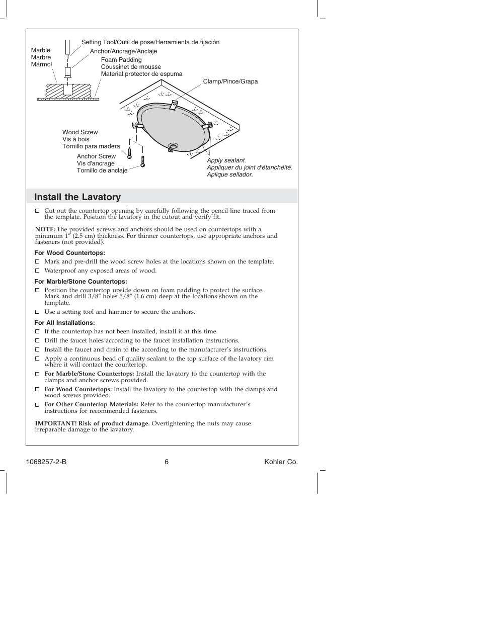 Install the lavatory | Kohler K-2211 User Manual | Page 6 / 16