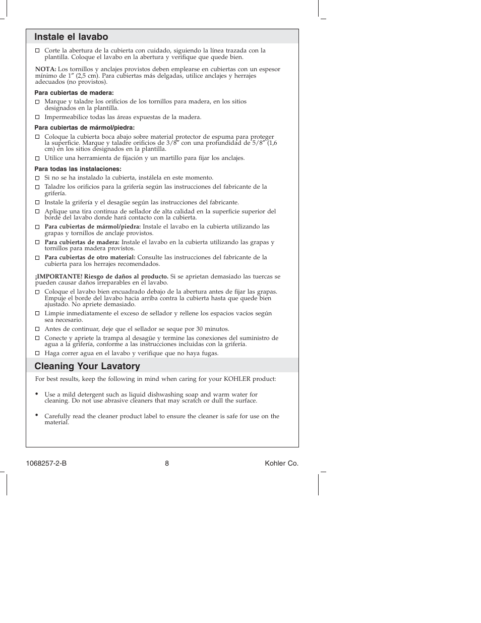 Instale el lavabo, Cleaning your lavatory | Kohler K-2211 User Manual | Page 8 / 16