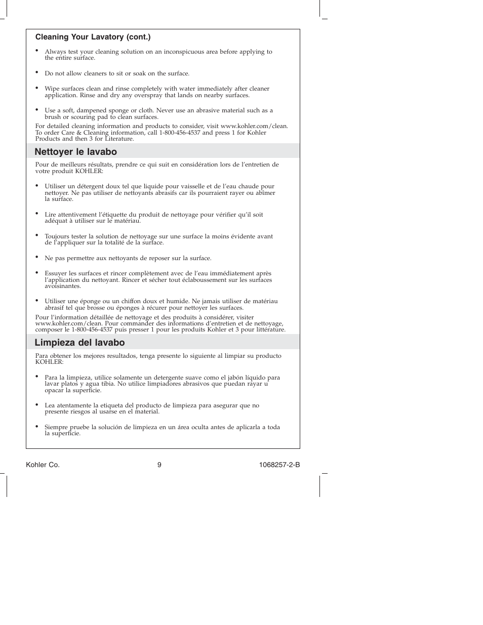 Nettoyer le lavabo, Limpieza del lavabo | Kohler K-2211 User Manual | Page 9 / 16