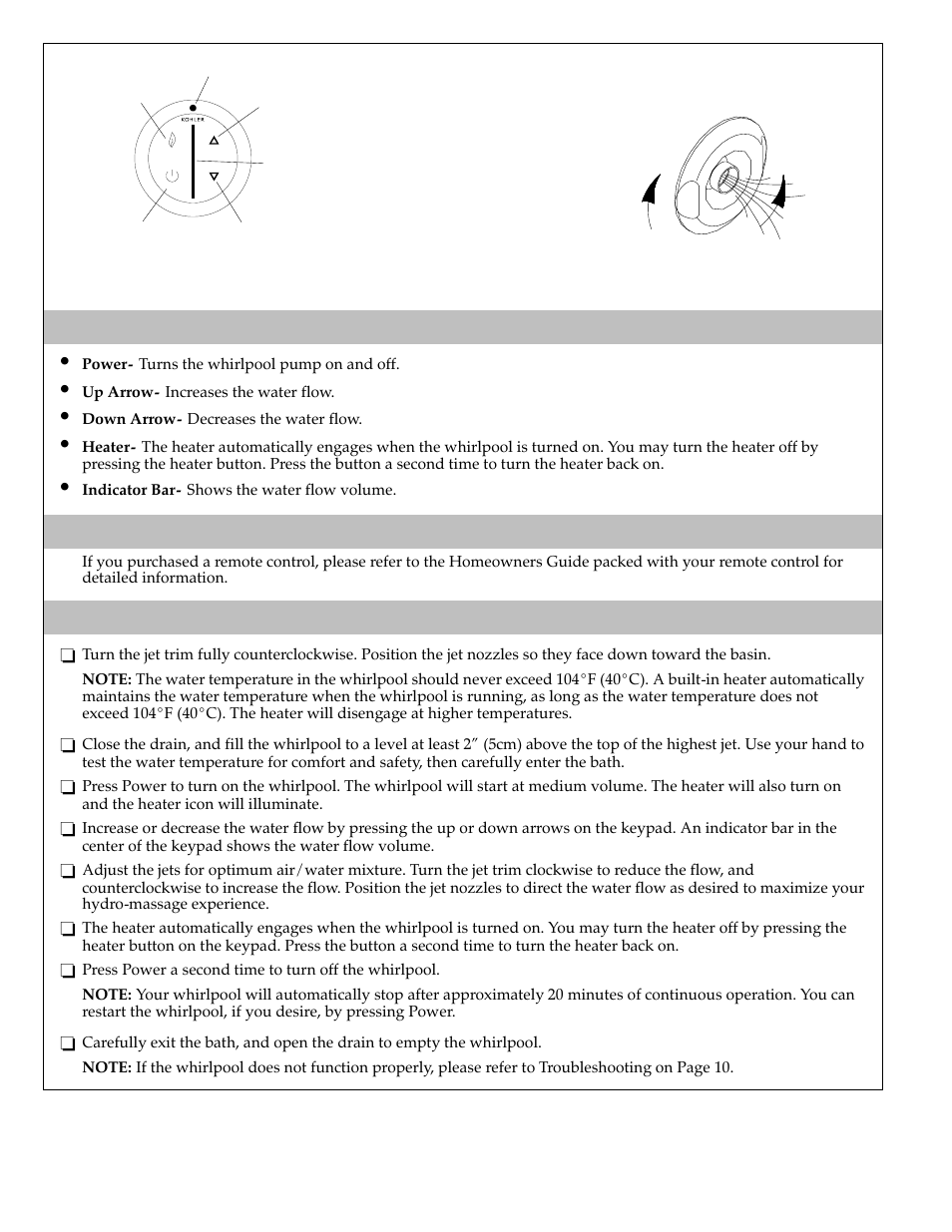 User keypad and whirlpool modes/features, Optional remote control, Operating your whirlpool | Kohler Bath Whirlpool K-870 User Manual | Page 5 / 20