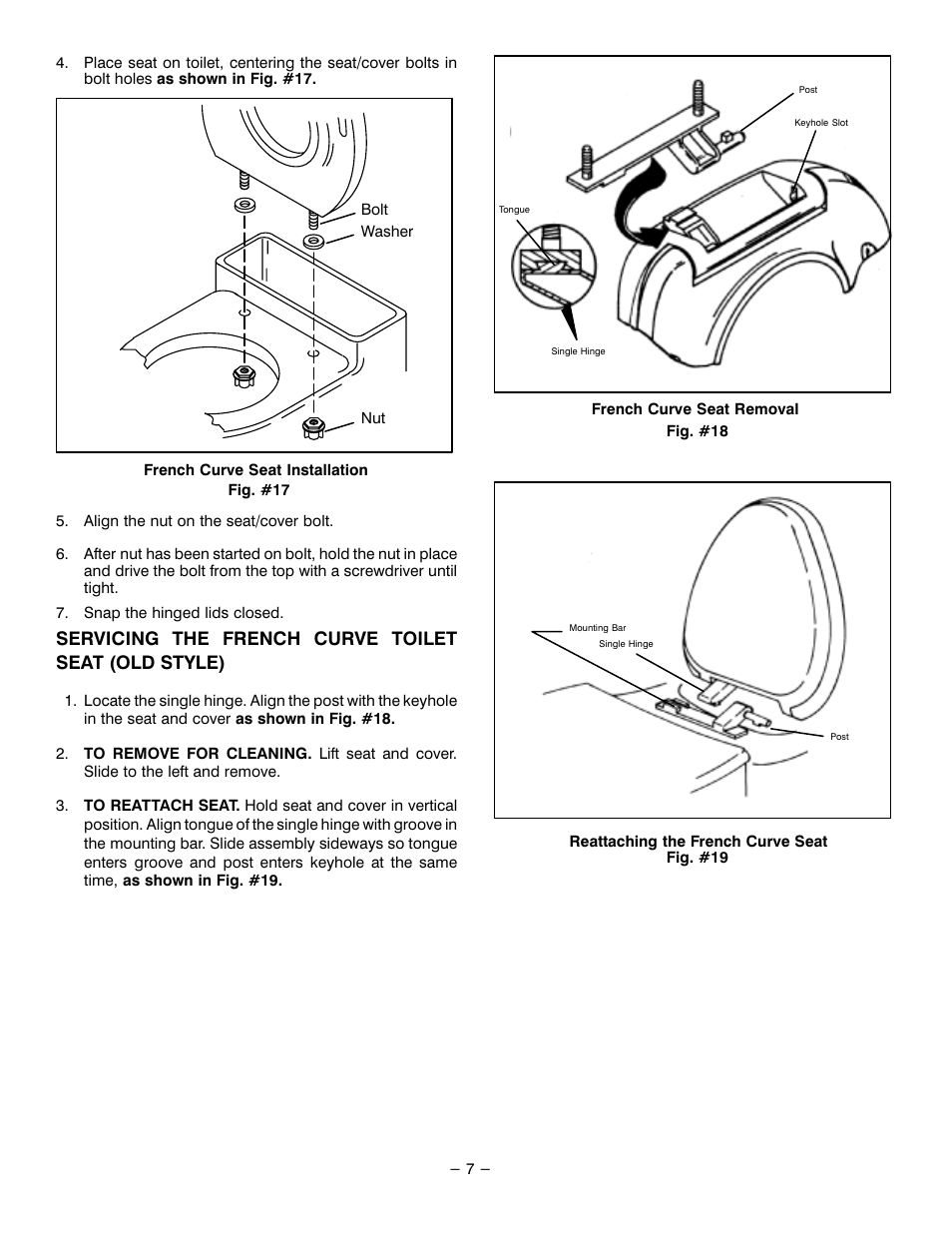 Servicing the french curve toilet seat (old style) | Kohler SIPHON VORTEX LOW PROFILE ONE-PIECE TOILETS K-3402-EB User Manual | Page 7 / 12