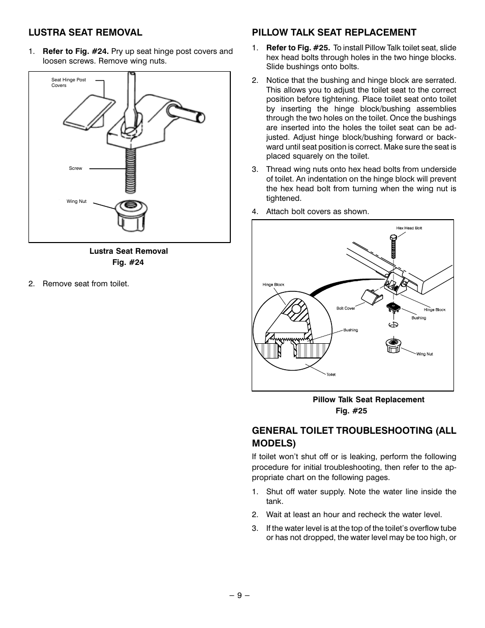 Lustra seat removal, Pillow talk seat replacement, General toilet troubleshooting (all models) | Kohler SIPHON VORTEX LOW PROFILE ONE-PIECE TOILETS K-3402-EB User Manual | Page 9 / 12