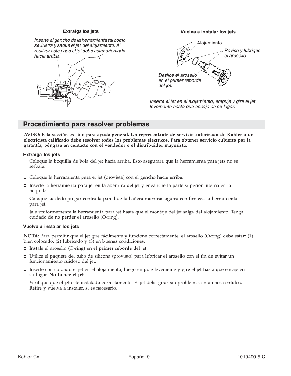 Procedimiento para resolver problemas | Kohler Bath Whirlpool K-812-N1 User Manual | Page 45 / 56