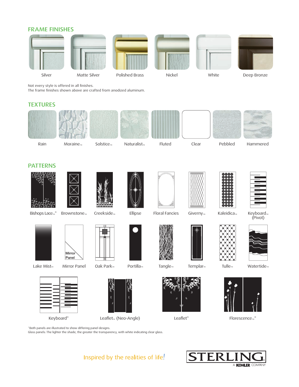 Frame finishes, Textures, Patterns | Kohler Sterling Shower Doors User Manual | Page 4 / 5