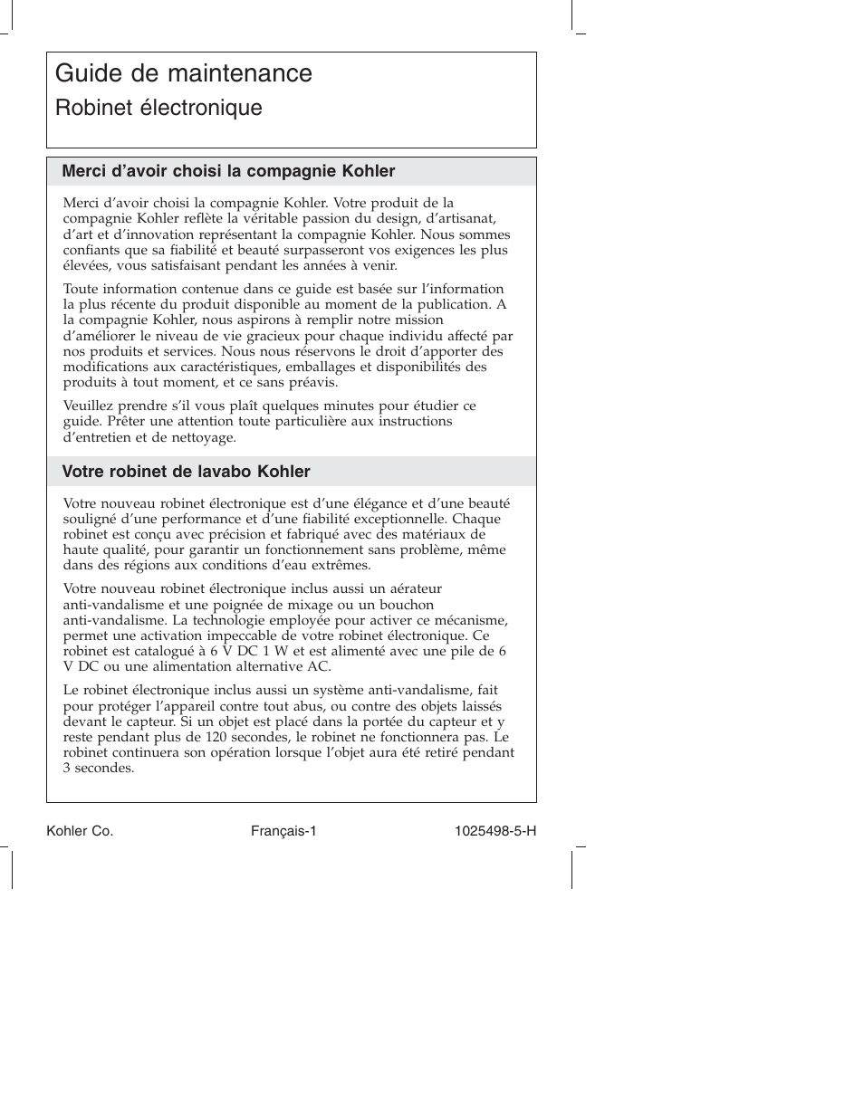 Guide de maintenance, Robinet électronique | Kohler Electronic Faucet k-10950 User Manual | Page 25 / 76