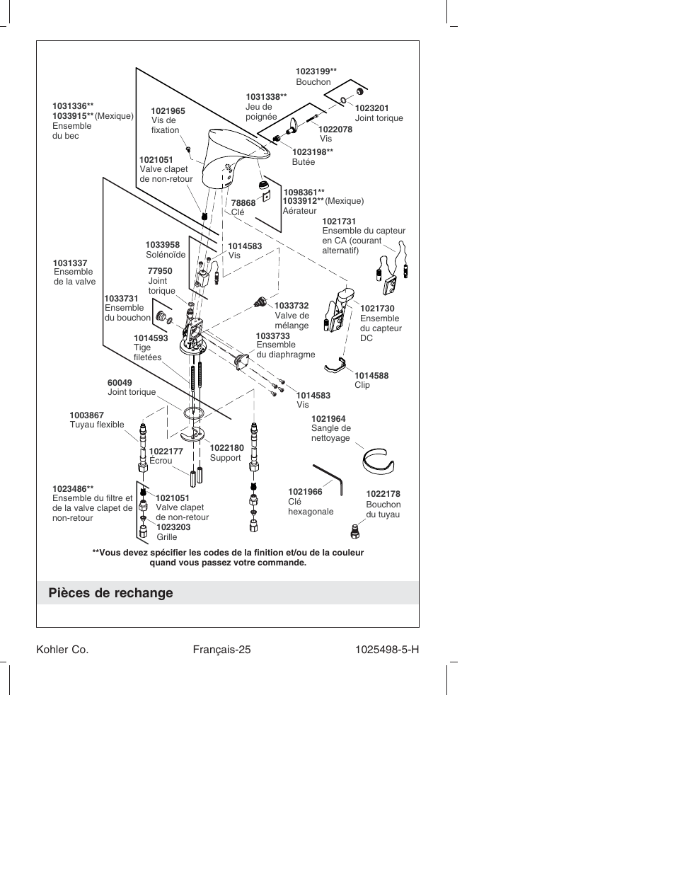 Pièces de rechange | Kohler Electronic Faucet k-10950 User Manual | Page 49 / 76