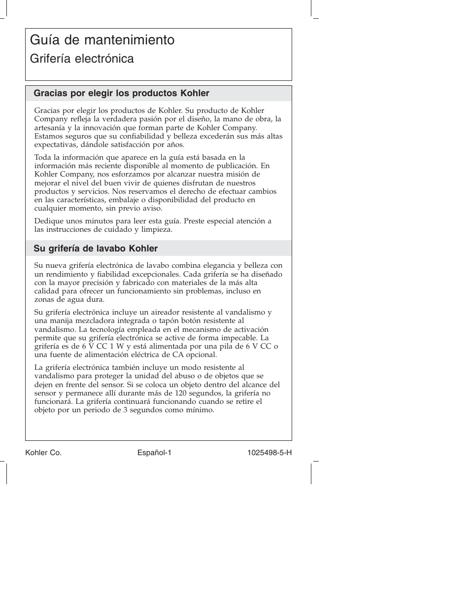 Guía de mantenimiento, Grifería electrónica | Kohler Electronic Faucet k-10950 User Manual | Page 50 / 76