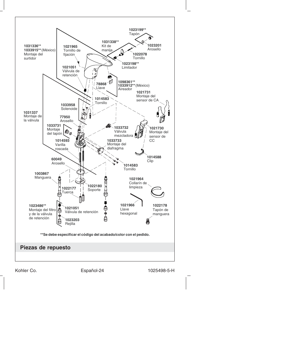 Piezas de repuesto | Kohler Electronic Faucet k-10950 User Manual | Page 73 / 76