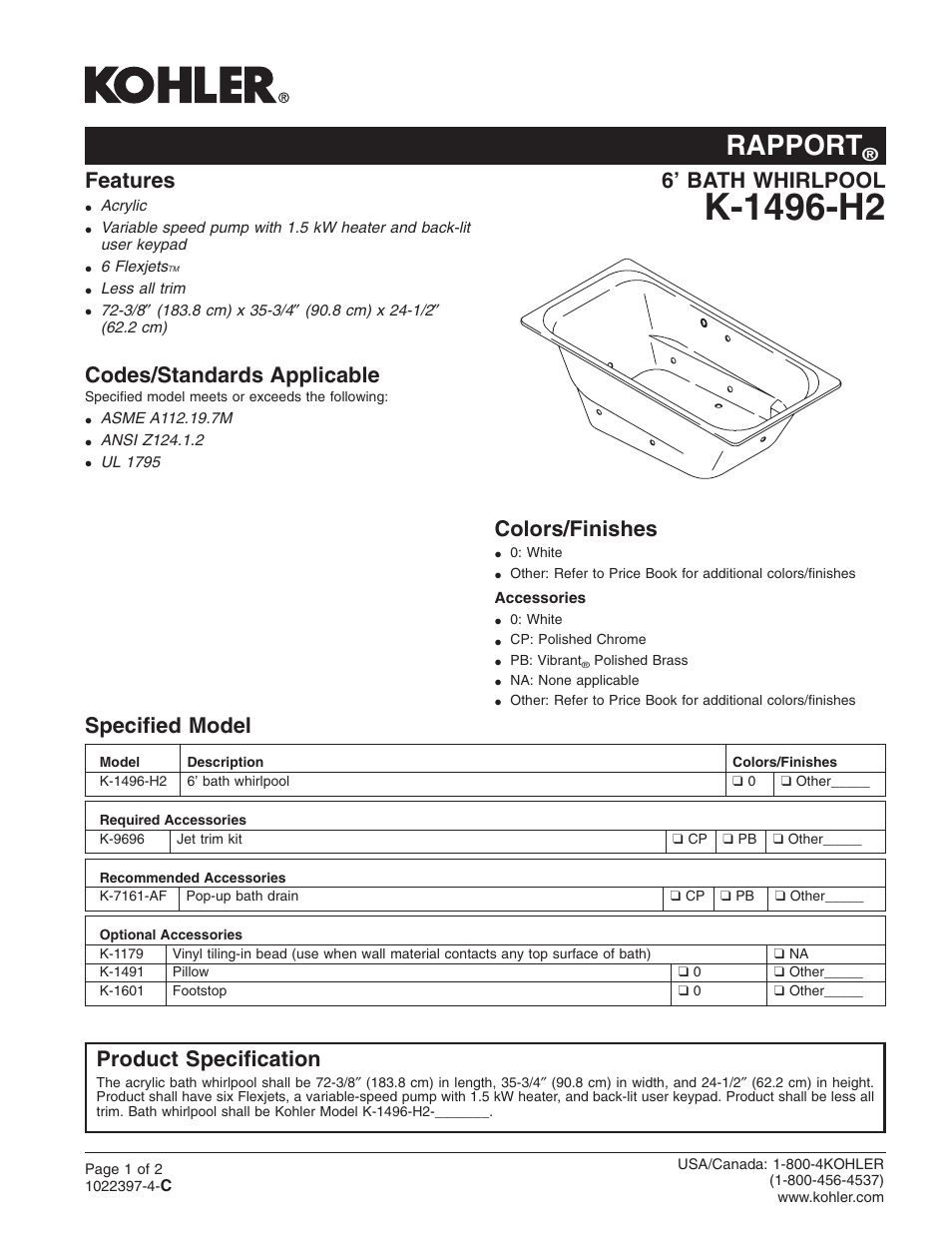 Kohler Rapport K-1496-H2 User Manual | 2 pages