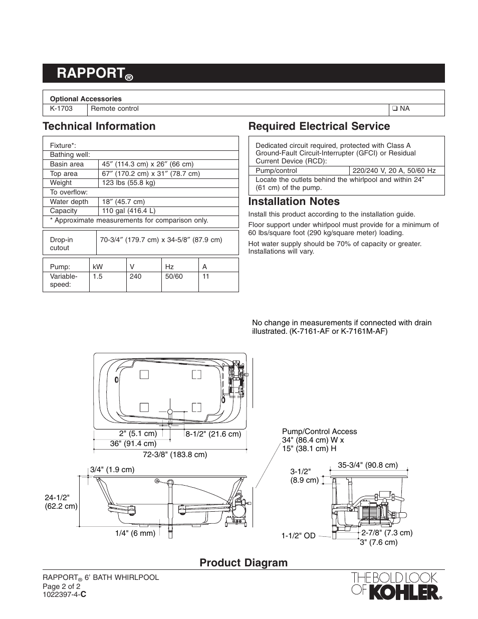 Rapport, Technical information, Required electrical service | Product diagram | Kohler Rapport K-1496-H2 User Manual | Page 2 / 2