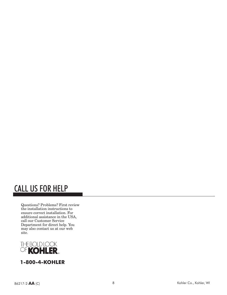 Call us for help | Kohler Tellieur K-3106-F2 User Manual | Page 8 / 8