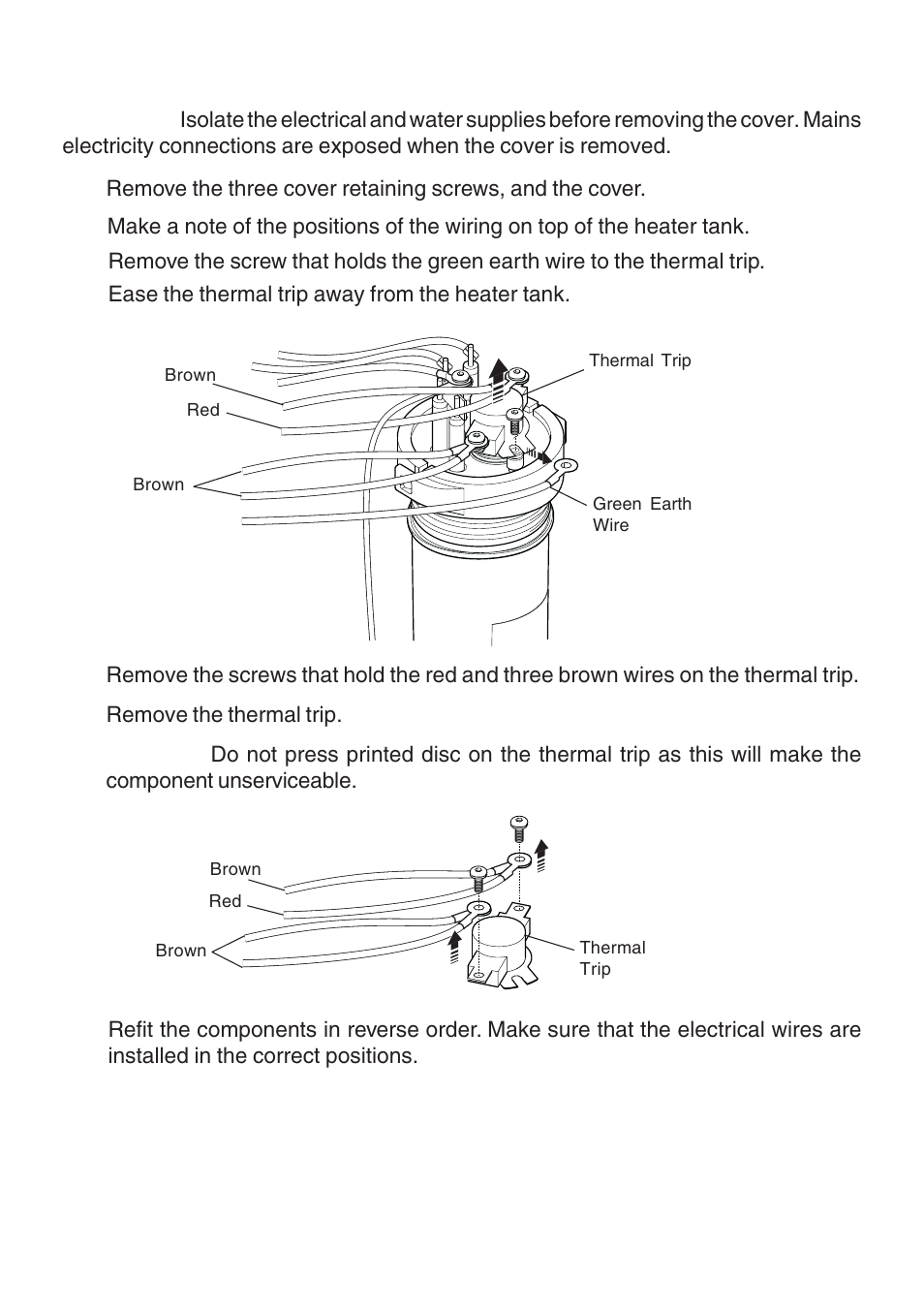 Thermal trip - removal and installation | Kohler Electric Shower User Manual | Page 39 / 44