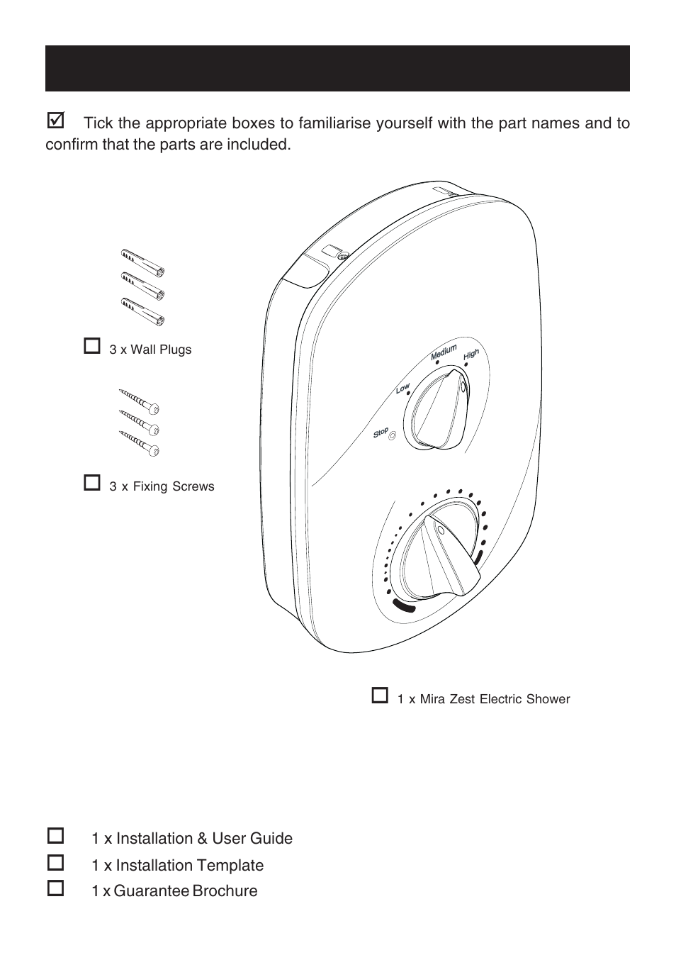 Pack contents checklist, Documentation | Kohler Electric Shower User Manual | Page 7 / 44