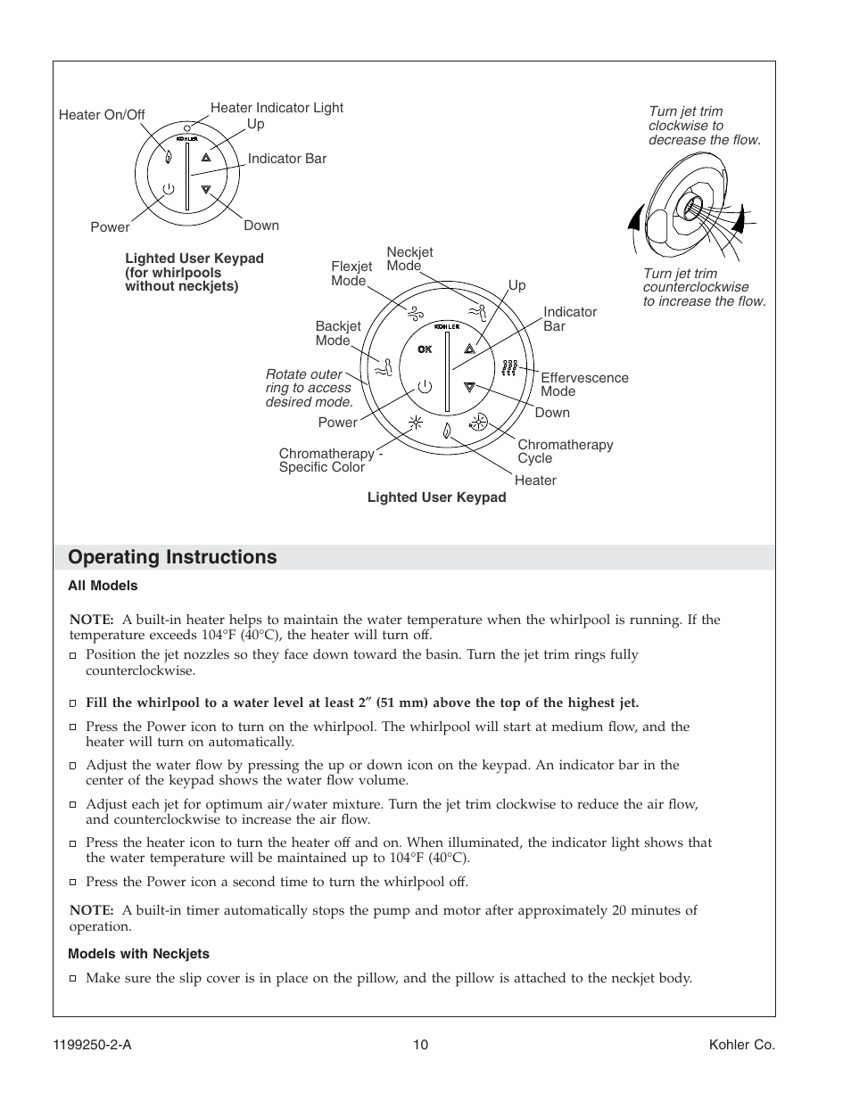 Operating instructions | Kohler Bath Whirlpool 1199250-2-A User Manual | Page 10 / 52