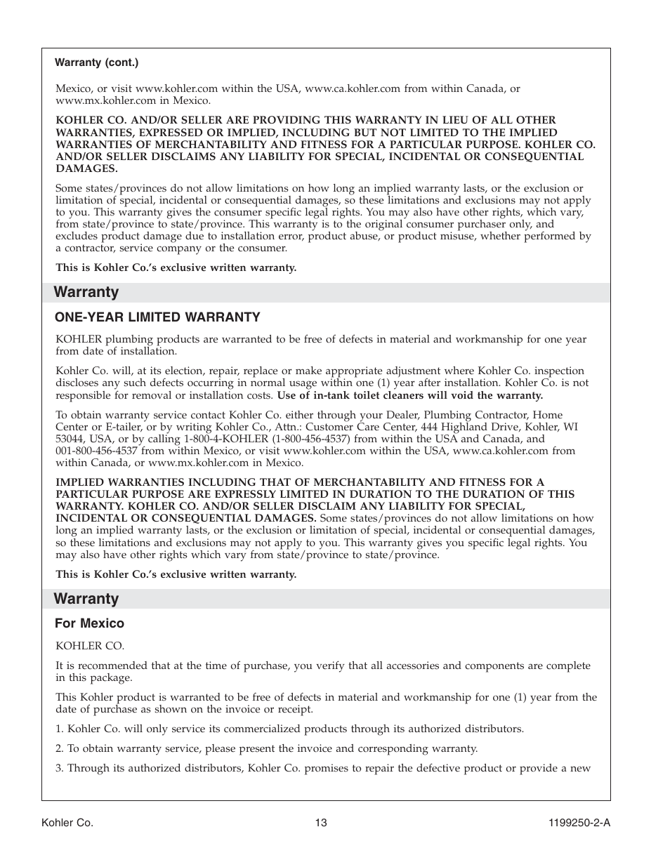 Warranty | Kohler Bath Whirlpool 1199250-2-A User Manual | Page 13 / 52