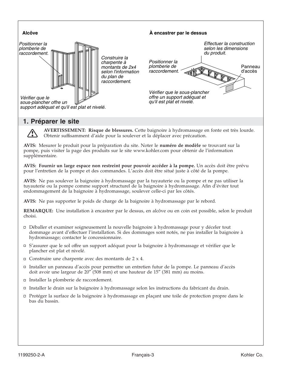 Préparer le site | Kohler Bath Whirlpool 1199250-2-A User Manual | Page 20 / 52