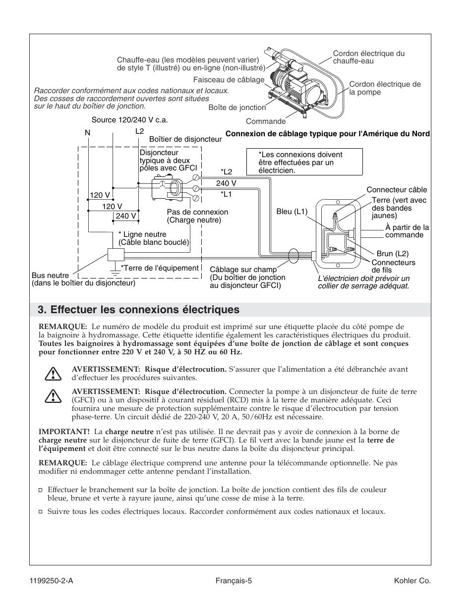 Effectuer les connexions électriques | Kohler Bath Whirlpool 1199250-2-A User Manual | Page 22 / 52