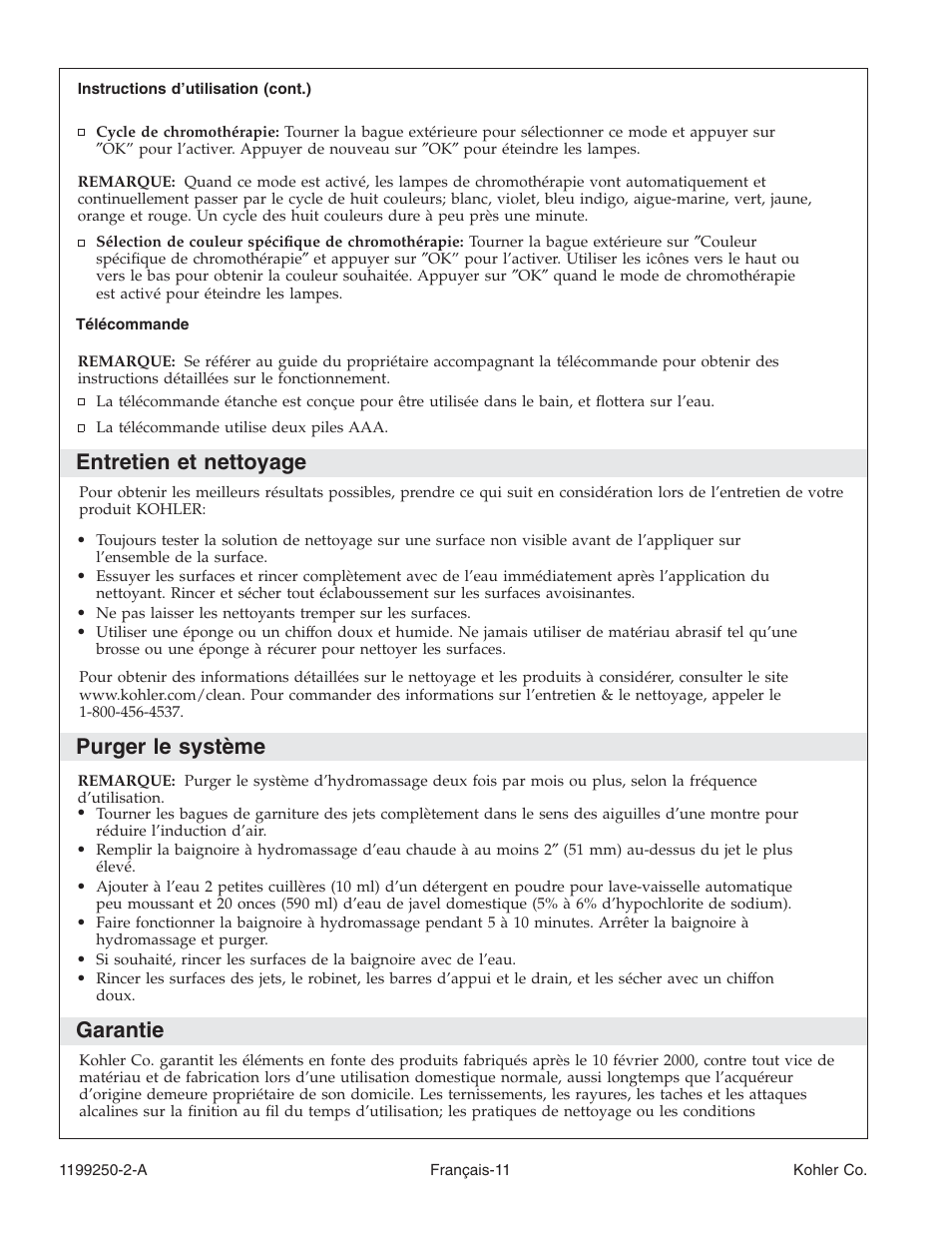 Entretien et nettoyage, Purger le système, Garantie | Kohler Bath Whirlpool 1199250-2-A User Manual | Page 28 / 52