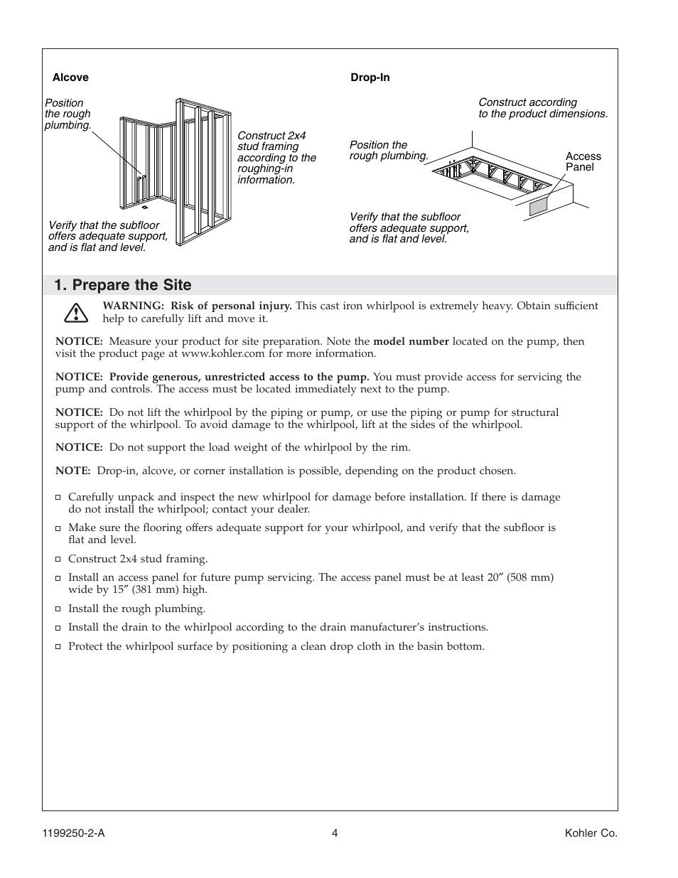 Prepare the site | Kohler Bath Whirlpool 1199250-2-A User Manual | Page 4 / 52