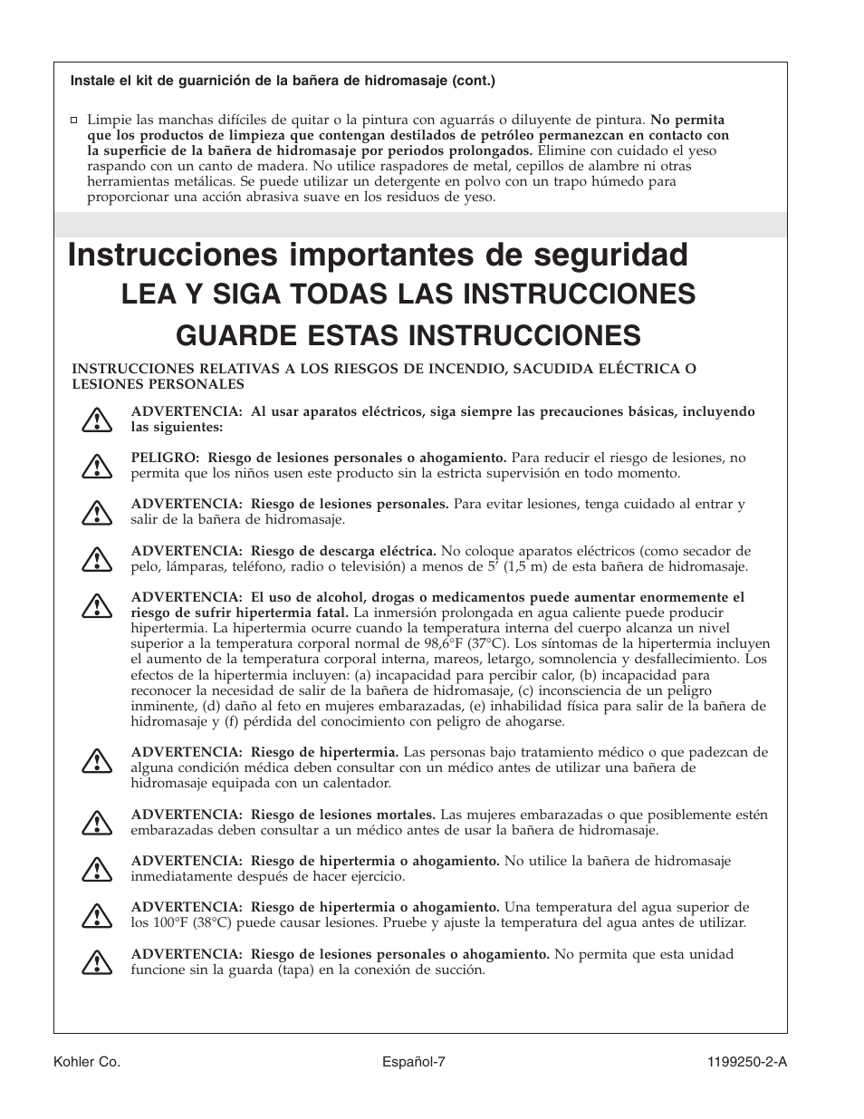 Instrucciones importantes de seguridad | Kohler Bath Whirlpool 1199250-2-A User Manual | Page 41 / 52