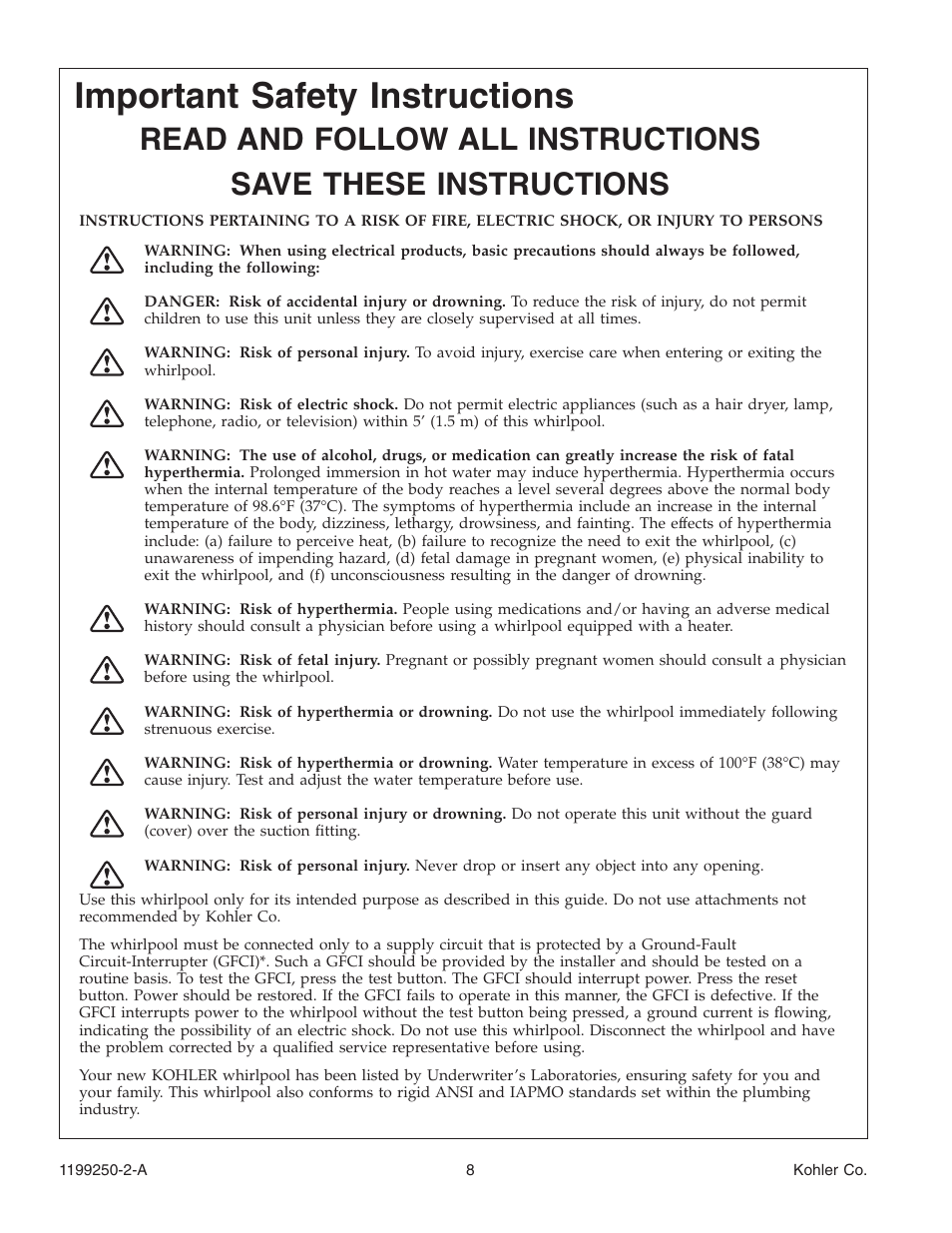 Important safety instructions | Kohler Bath Whirlpool 1199250-2-A User Manual | Page 8 / 52