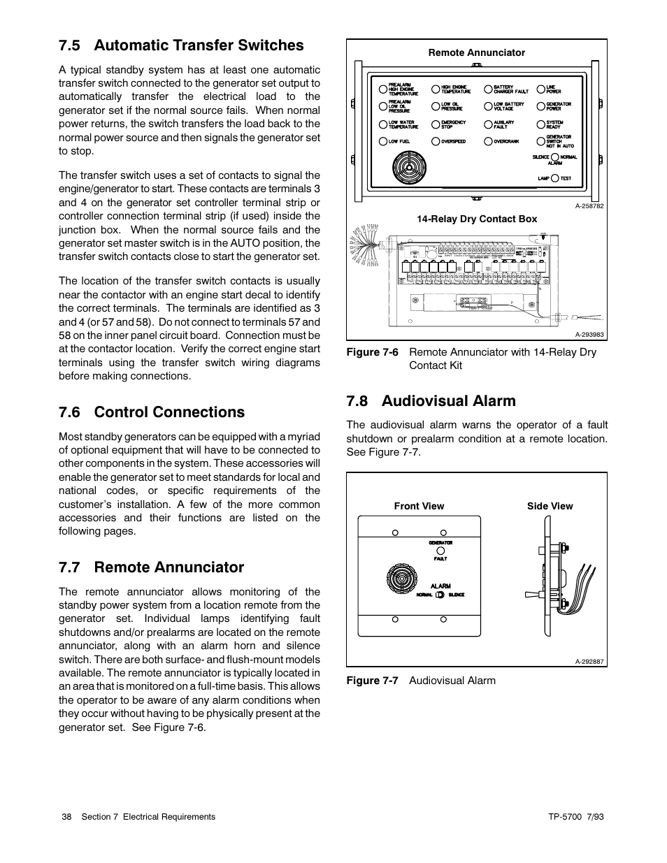 5 automatic transfer switches, 6 control connections, 7 remote annunciator | 8 audiovisual alarm, Figure 7-7 audiovisual alarm, Remote annunciator 14-relay dry contact box, Front view side view | Kohler Generator Sets 20--2800 kW User Manual | Page 50 / 56