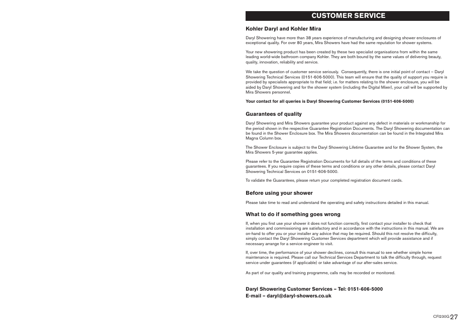 27.eps, Customer service | Kohler CFI230G User Manual | Page 2 / 14