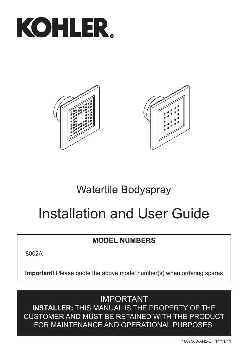 Kohler Watertile Bodyspray 8002A User Manual | 7 pages
