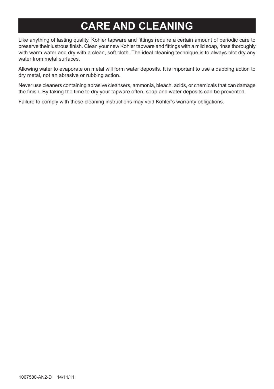 Care and cleaning | Kohler Watertile Bodyspray 8002A User Manual | Page 7 / 7