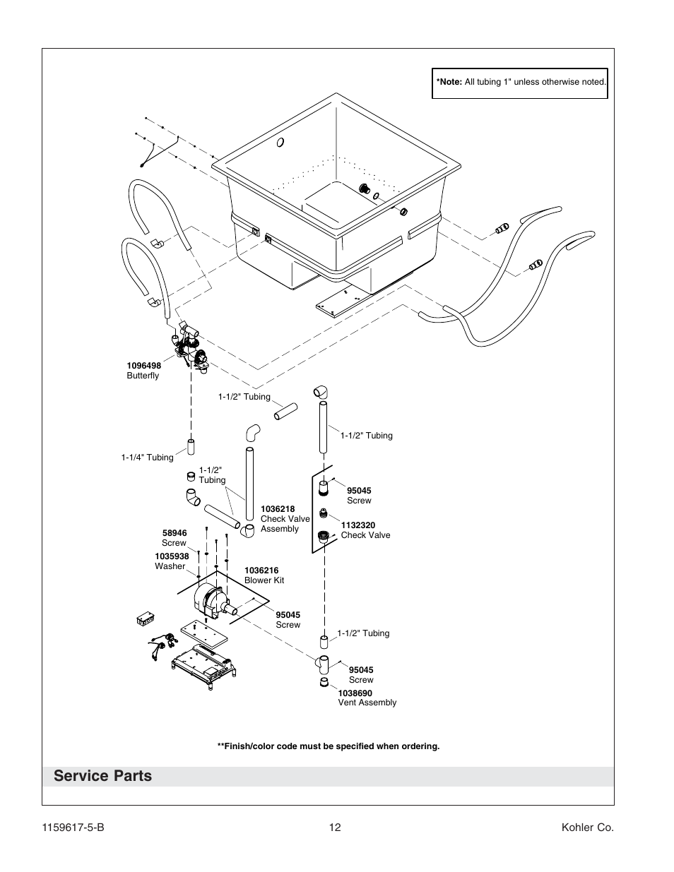 Service parts | Kohler Bath With Airjets K-1969 User Manual | Page 12 / 44