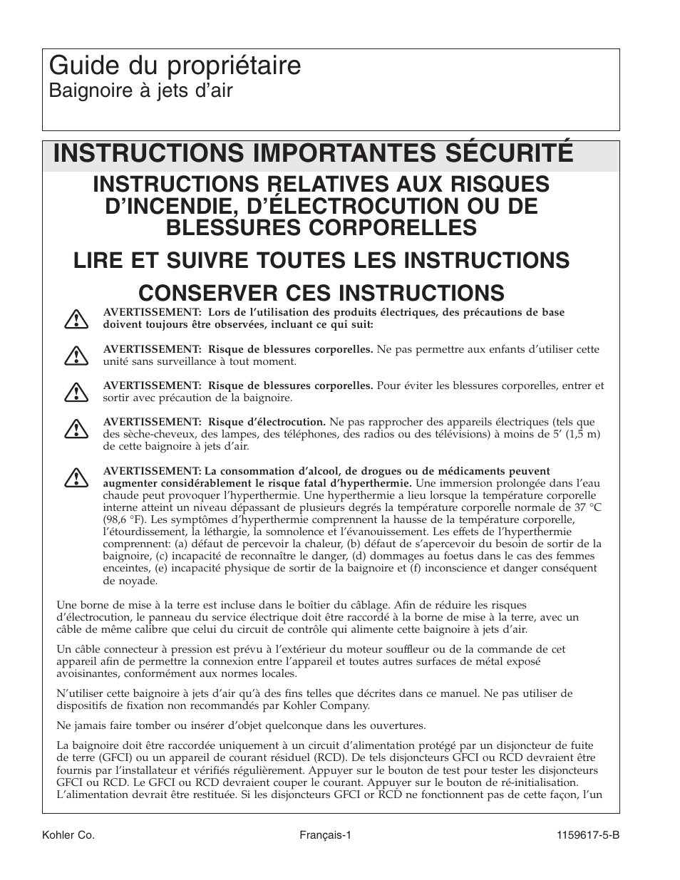 Guide du propriétaire, Instructions importantes sécurité, Baignoire à jets d’air | Kohler Bath With Airjets K-1969 User Manual | Page 14 / 44