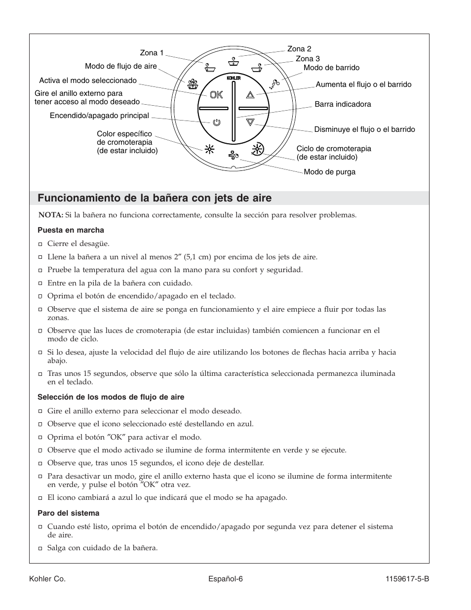 Funcionamiento de la bañera con jets de aire | Kohler Bath With Airjets K-1969 User Manual | Page 33 / 44