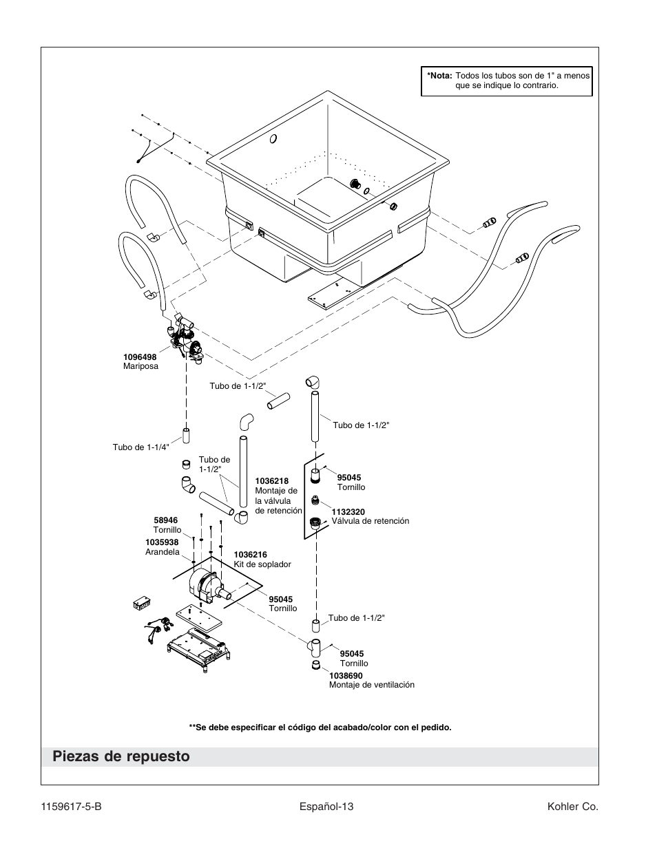 Piezas de repuesto | Kohler Bath With Airjets K-1969 User Manual | Page 40 / 44
