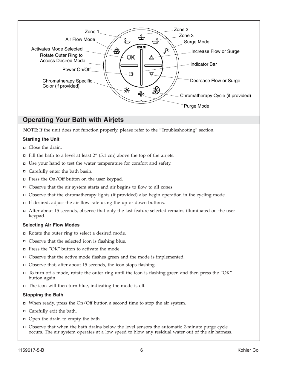 Operating your bath with airjets | Kohler Bath With Airjets K-1969 User Manual | Page 6 / 44