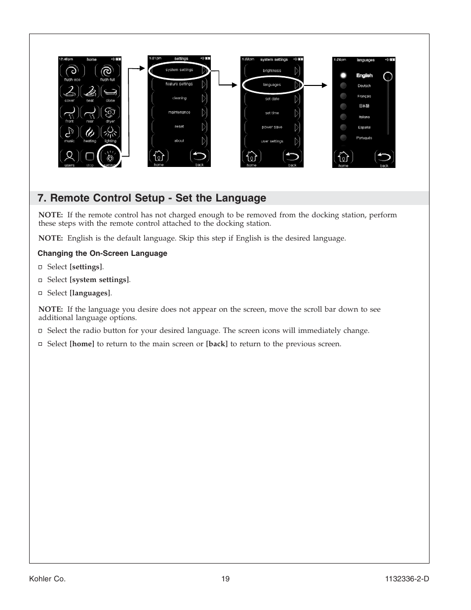 Remote control setup - set the language | Kohler Toilet K-3900 User Manual | Page 19 / 68