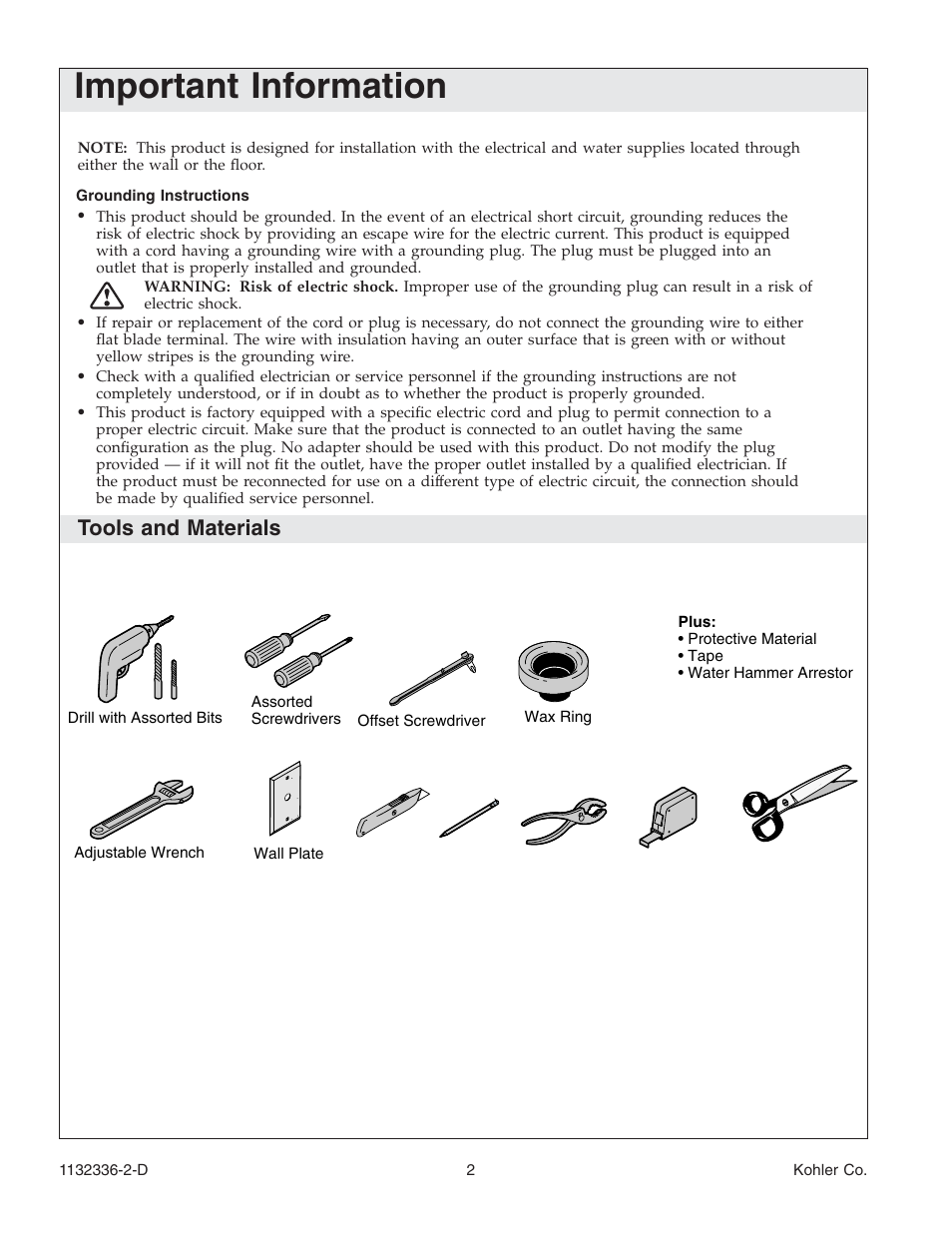 Important information, Tools and materials | Kohler Toilet K-3900 User Manual | Page 2 / 68