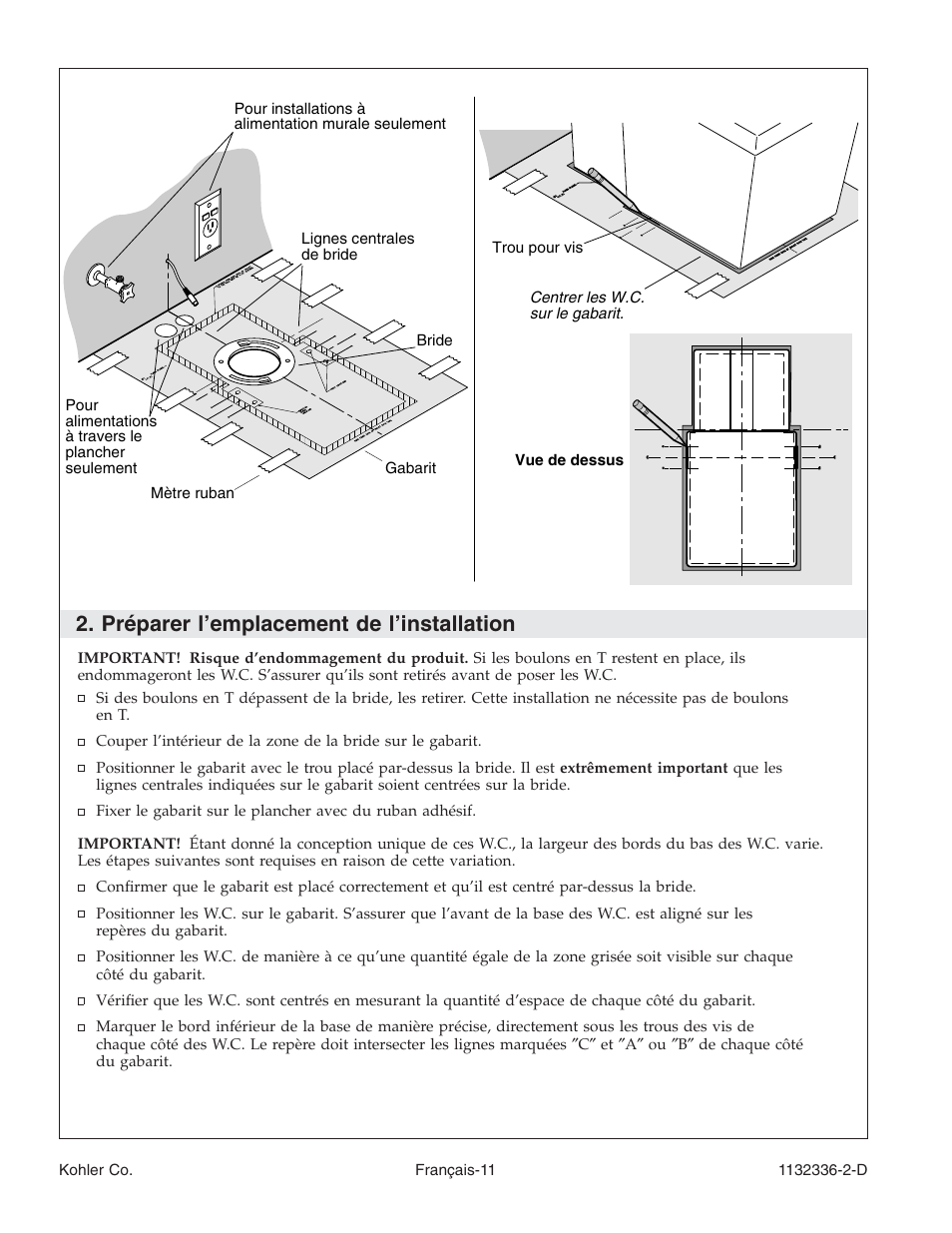 Préparer l’emplacement de l’installation | Kohler Toilet K-3900 User Manual | Page 33 / 68